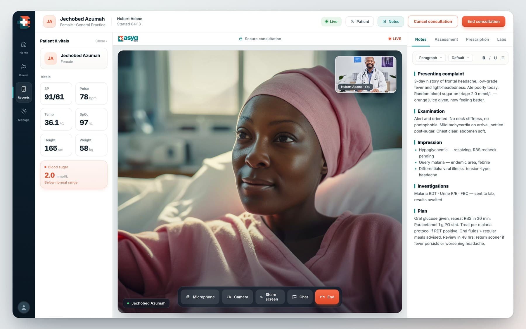 The Easya Care consultation console: a live virtual consultation with patient vitals and structured clinical notes